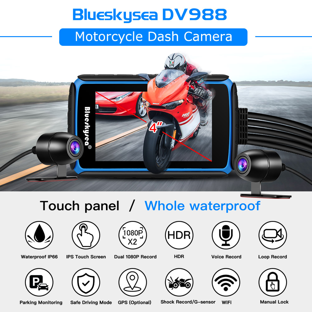 Blueskysea DV988 Camera de Moto 1080p 30fps Double Objectif Grand Angle 140 Degrés Enregistrement Moto DVR avec Écran Tactile IPS 4